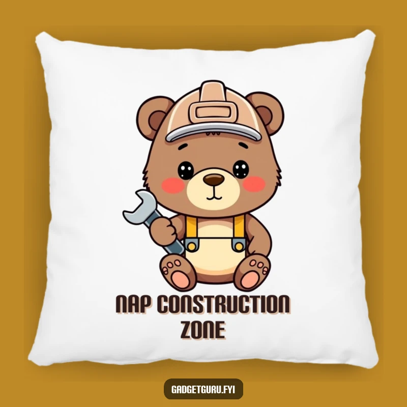 Funny Bear Cub Pillow - Cute Construction Buddy - Cozy Hard Hat Wrench Accent