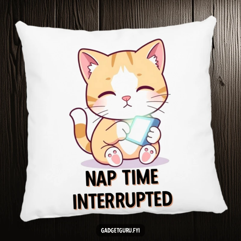 Funny pillow featuring a curious cat character gently pawing at a small, illuminated glowing screen.
