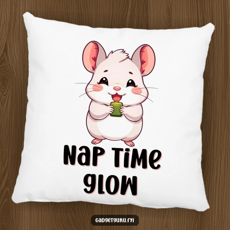 Funny chinchilla pillow with a beaming character holding a small, blinking light, providing comfort and a dose of cheerful humor.