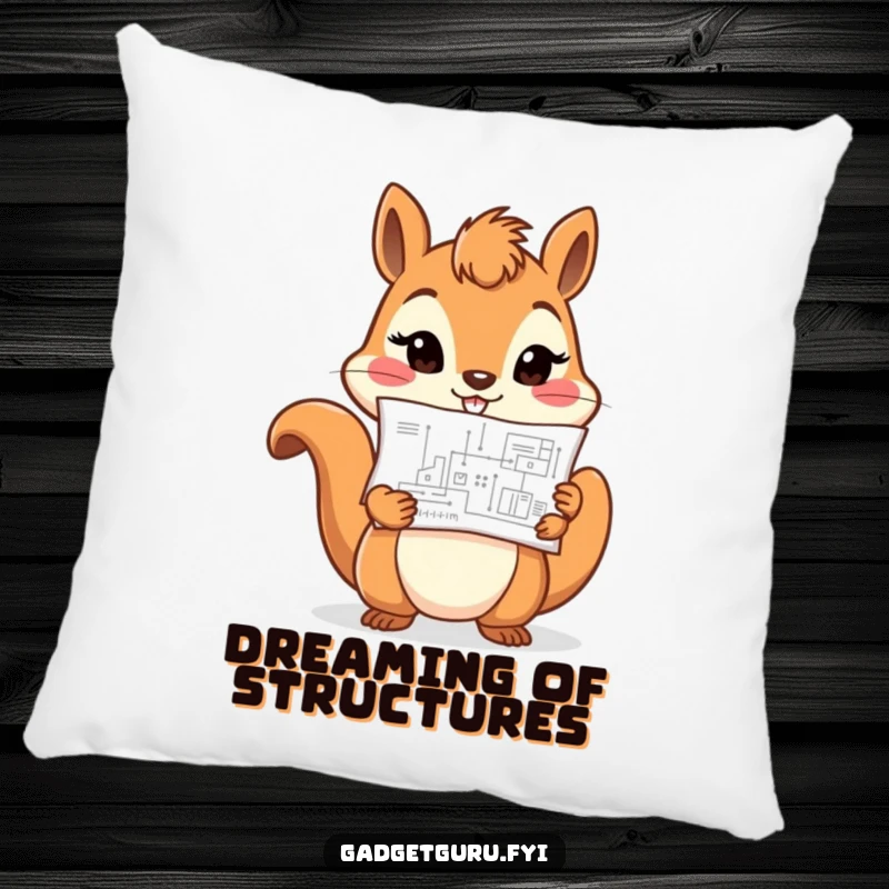 Funny cheerful squirrel character holding a tiny blueprint with determination, a soft and funny pillow for comfort.