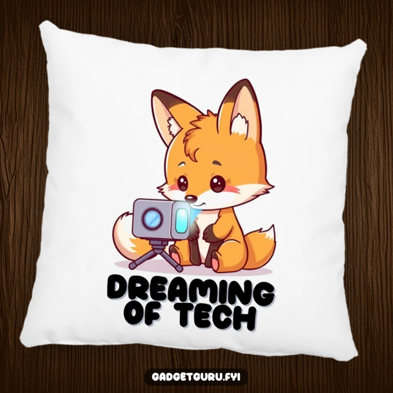Funny fox character focused on a miniature holographic projector, suggesting an inquisitive and fun personality, on a soft pillow.