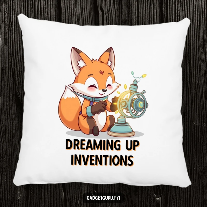 Funny pillow showcases an engrossed fox character hard at work on a luminous, complex contraption, adding comfort and humor.