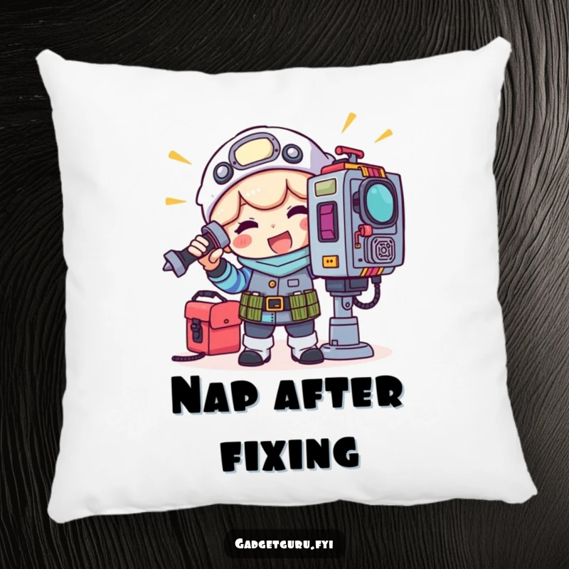 Funny pillow showcasing a happy gadget tinkerer character with tools, fixing a blinking light on a complex device.