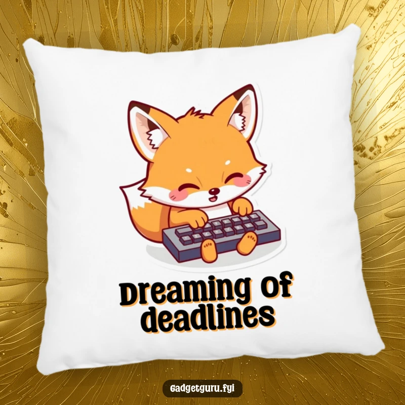Funny Kawaii Fox Pillow: A soft cushion featuring a cute fox character diligently typing on a miniature keyboard, perfect for relaxation and decor.