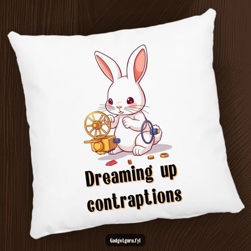 Funny pillow accentuates a cute rabbit intently working on a small, detailed mechanical contraption, adding whimsy to any room.