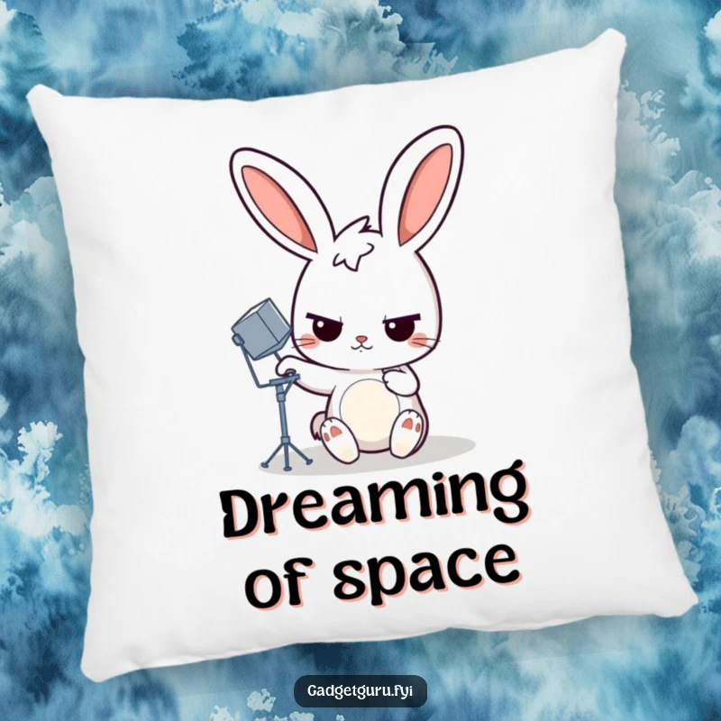 Funny rabbit pillow with a determined cartoon rabbit adjusting a miniature satellite dish, offering comfort and a humorous tech theme.