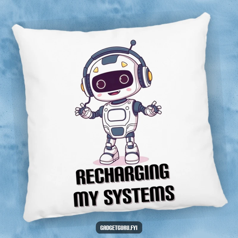 Funny pillow with a happy robot wearing tiny headphones and dancing, with glowing wires, perfect for adding comfort and futuristic flair.