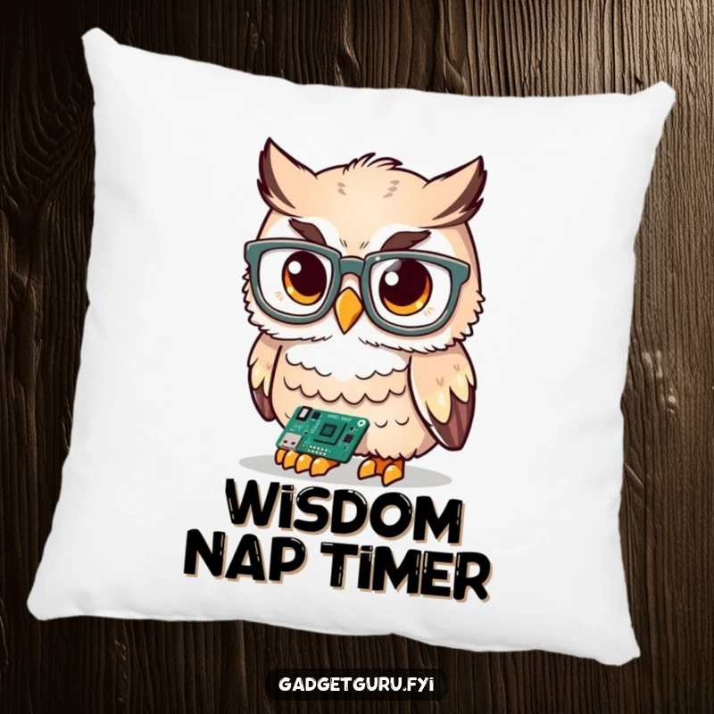Funny cute owl character wearing oversized glasses, examining a tiny circuit board, a soft and funny pillow for comfort.
