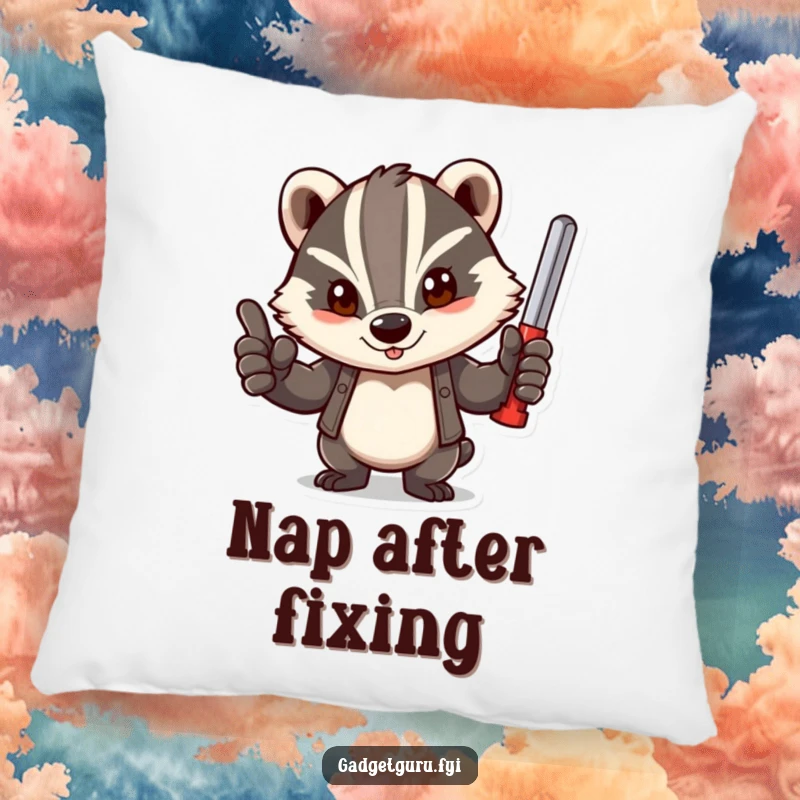 Funny pillow with a determined badger giving a thumbs-up with a tool, adding comfort and a motivational vibe.
