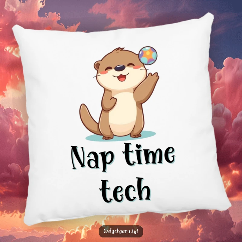 Funny pillow design showcasing a playful otter character tossing a small, glowing digital orb with joyful abandon.