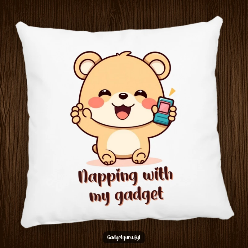 Funny Bear Gadget Pillow: A soft pillow featuring a happy bear holding a tiny, flashing gadget, bringing comfort and humor to any room.