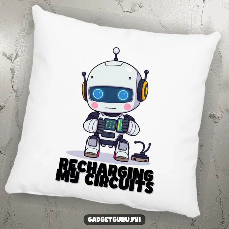 Funny pillow with a small robot character happily assembling a tiny, glowing circuit, bringing a touch of techy comfort.