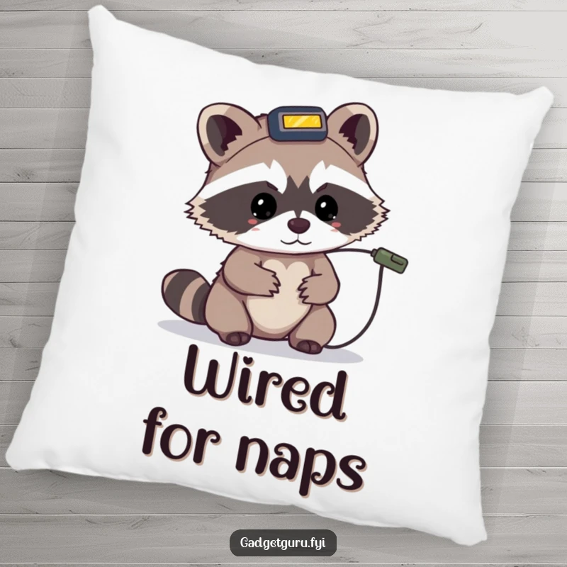 Funny pillow featuring a tiny raccoon character wearing a headlamp, intently looking at a small wire.