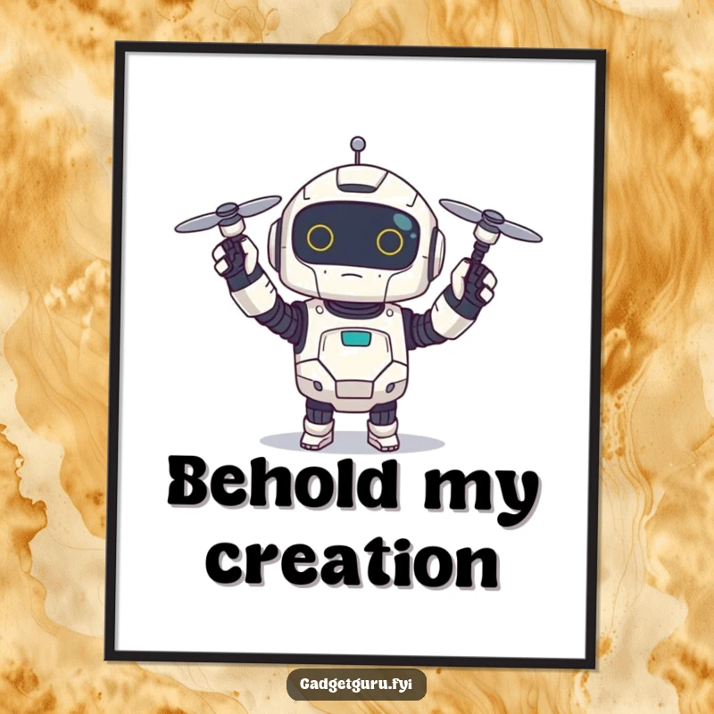 Funny digital art print of a small, excited robot character holding up a tiny, spinning drone, celebrating technological fun.