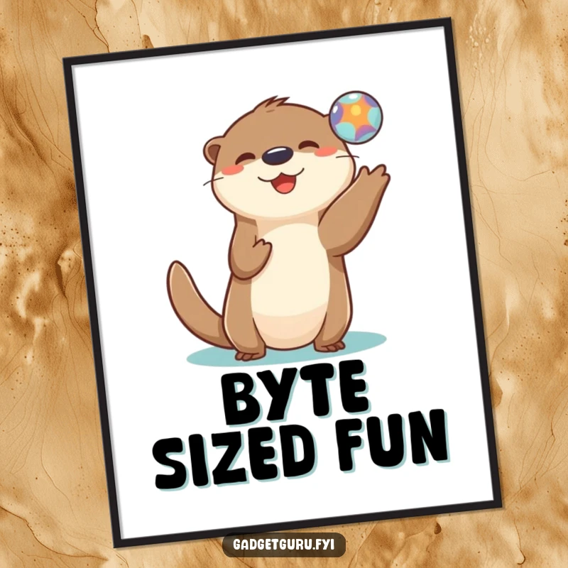 Funny digital art print of a playful otter character tossing a small, glowing digital orb with immense joy and energy.