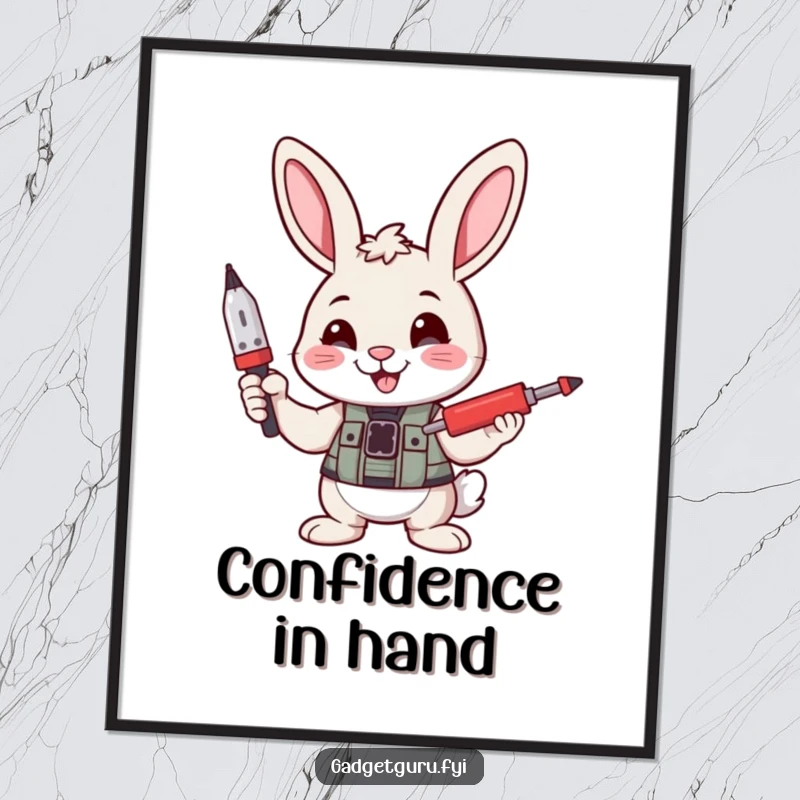 Funny digital art of a smiling bunny character confidently holding a tiny screwdriver, symbolizing DIY skills and cheerful problem-solving.
