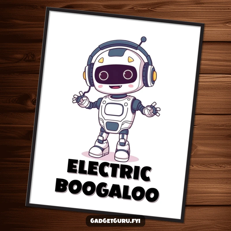 Funny digital art print of a happy robot wearing tiny headphones and dancing, with glowing wires, perfect for instant futuristic wall decor.