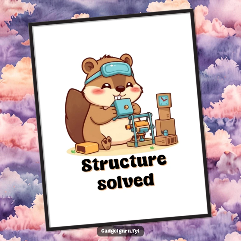 Funny beaver digital art print of a happy character constructing a miniature gadget, perfect for inspiring creativity.