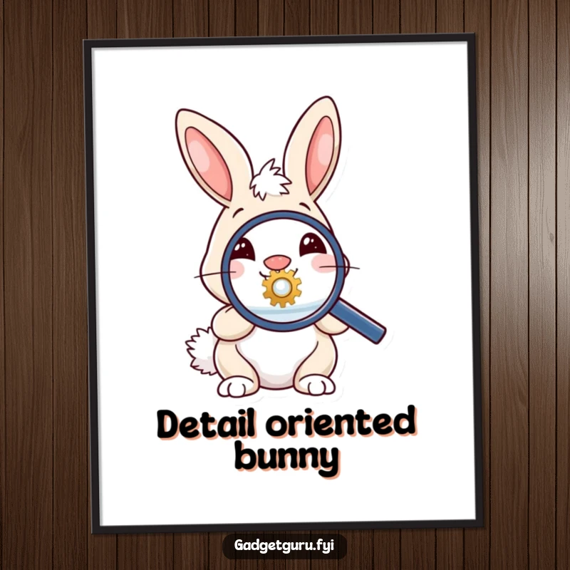 Funny digital art of a bunny with a magnifying glass focusing on a tiny gear, celebrating curiosity and detail.