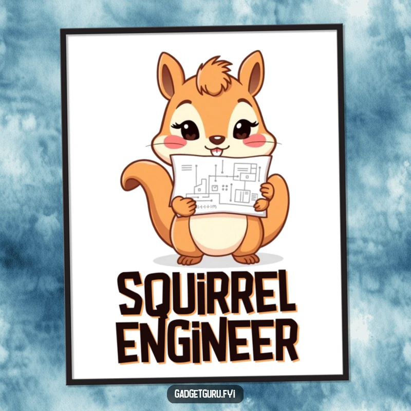 Funny cheerful squirrel character holding a tiny blueprint with a determined look, a high-resolution digital art print.