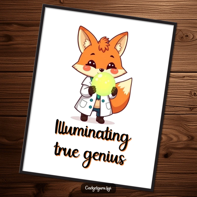 Funny digital art print of a cheerful fox scientist in a lab coat, holding a glowing orb, perfect for screens and digital frames.