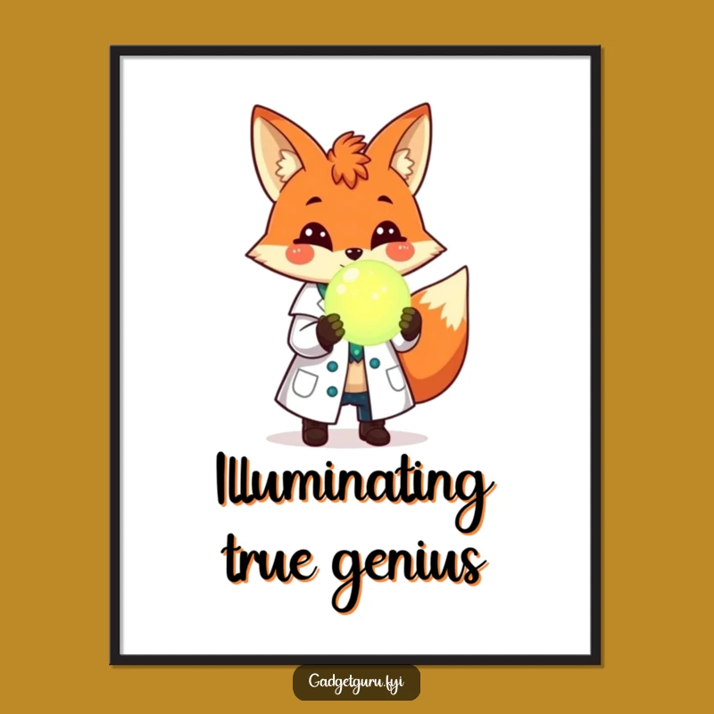 Funny Fox Scientist Art Print: Cheerful Lab Coat Fox With Orb, Digital Funny Gift!