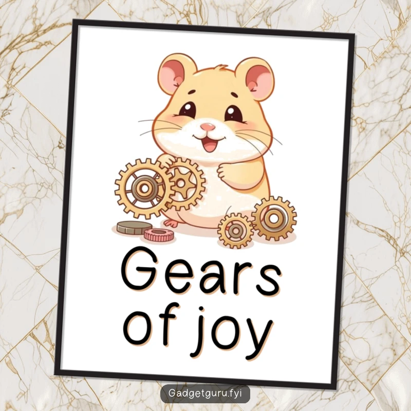 Funny hamster digital art print of a smiling character tinkering with tiny gears, ideal for instant crafty decor.