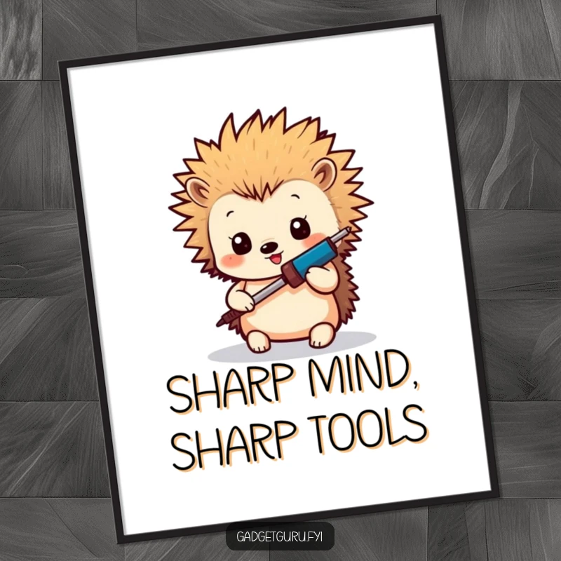 Funny Hedgehog Maker Digital Art Print: High-resolution printable art of a tiny hedgehog with spiky hair using a miniature soldering iron, ideal for DIY decor.