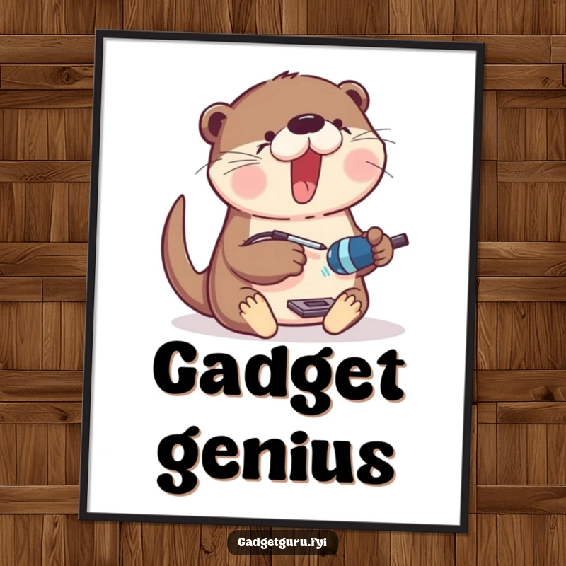 Funny Digital Art Print of an excited otter with a tiny soldering iron, enthusiastically assembling a gadget.