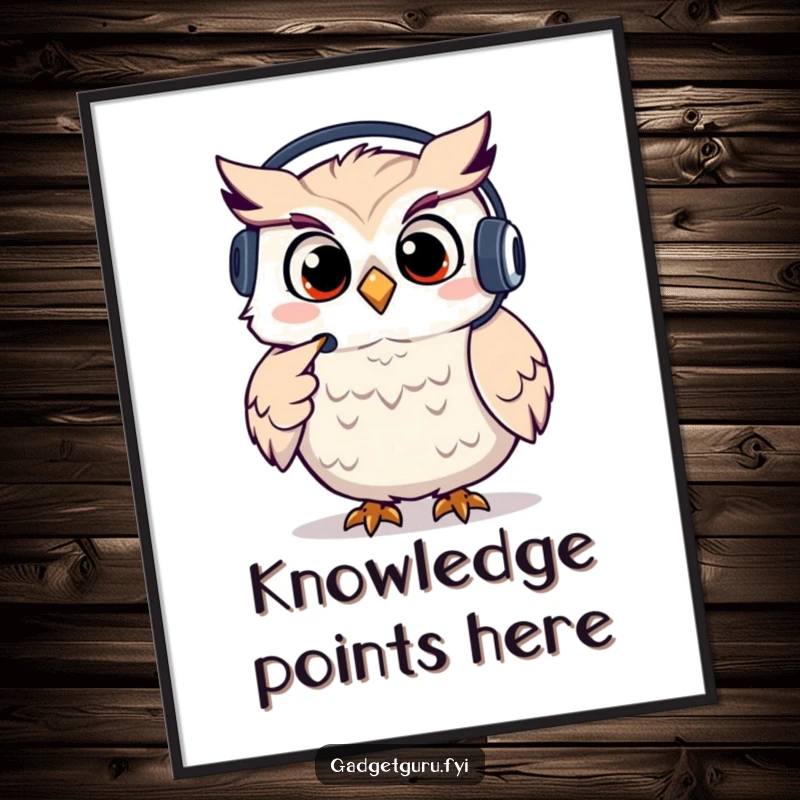 Funny owl digital art print of a giggling character wearing a headset and pointing, ideal for instant support decor.