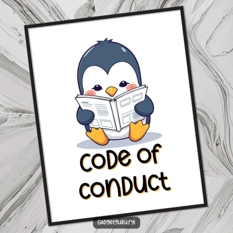 Funny penguin digital art print of a studious character intently reading a miniature tech manual, perfect for intellectual decor.