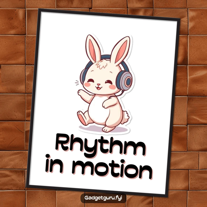 Funny digital art print of a playful rabbit character wearing headphones and tapping its foot to music, full of rhythm.