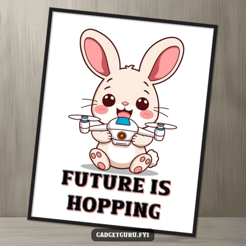 Funny digital art print of a happy rabbit with energetic ears, holding a tiny drone, full of playful energy.