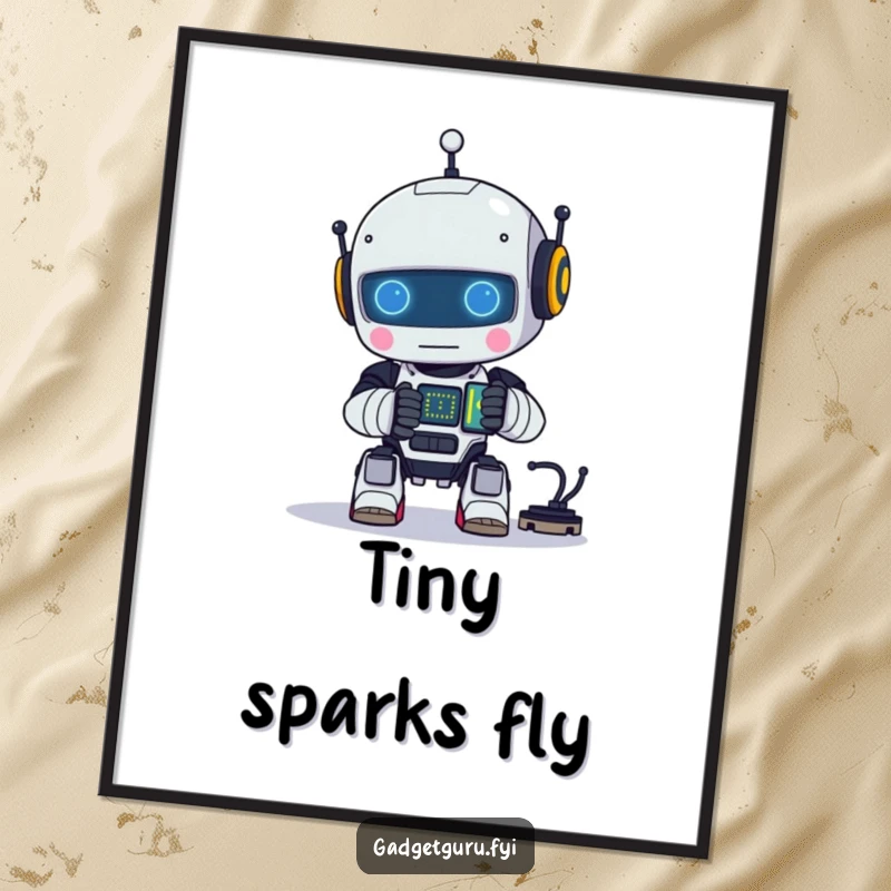 Funny digital art print of a small robot character happily assembling a tiny, glowing circuit, embodying dedication to technology and creation.