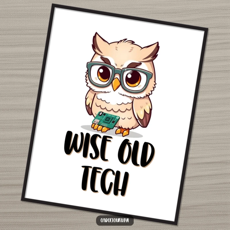 Funny cute owl character wearing oversized glasses, examining a tiny circuit board, a high-resolution digital art print.