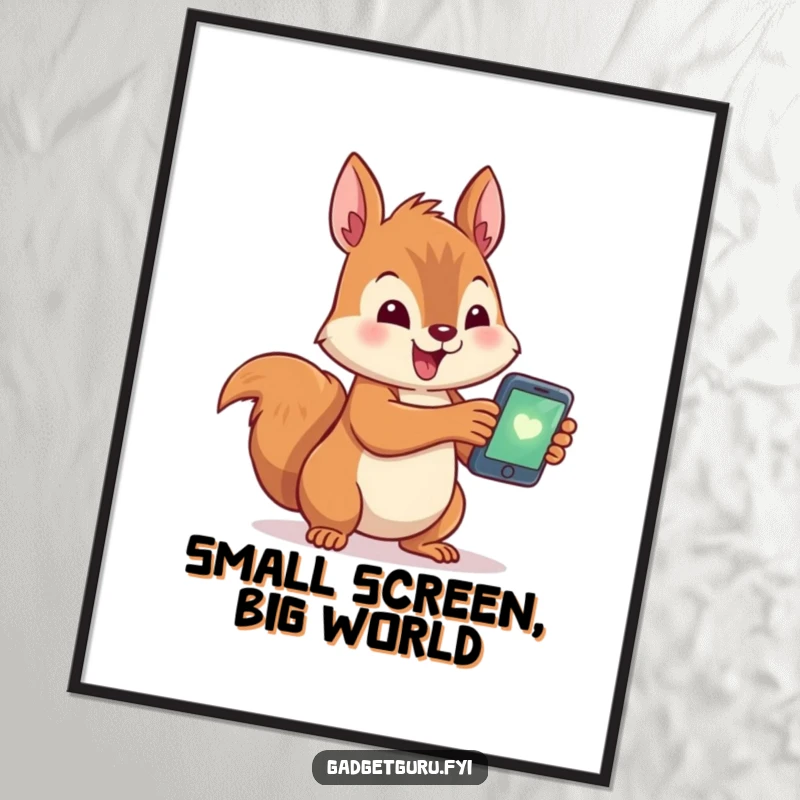 Funny digital art print of a cute squirrel character excitedly holding a tiny, glowing smartphone, a humorous representation of modern connectivity.