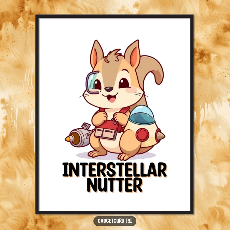 Funny digital art print of a playful squirrel with a tool belt, tinkering with a small spaceship, perfect for instant inventive wall decor.