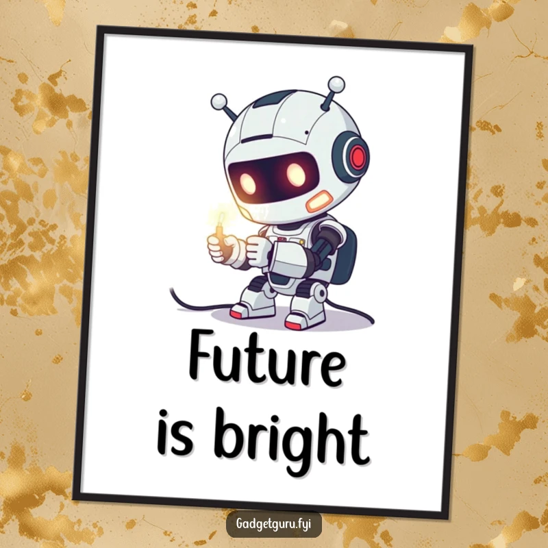 Funny Digital Art Print of a cute robot character enthusiastically tinkering with a glowing wire, offering instant tech and whimsical decor.