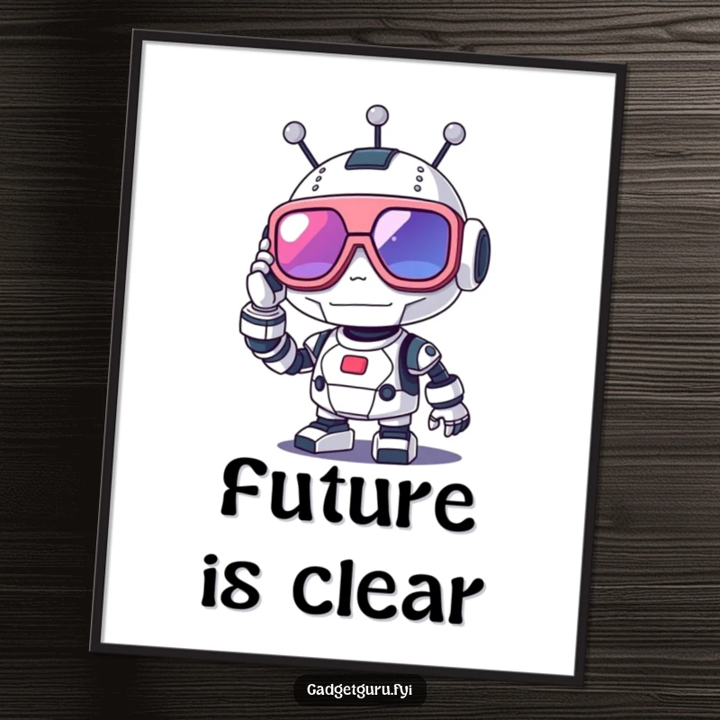 Funny robot digital art print of a cute character adjusting large futuristic glasses, ideal for instant retro tech decor.