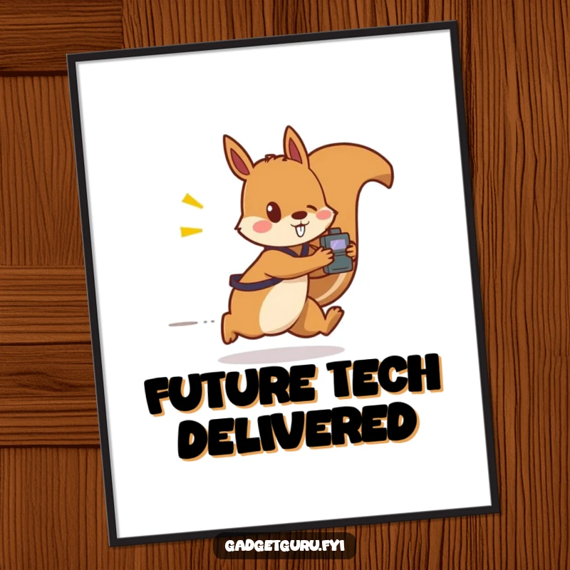 Funny digital art of a squirrel character zooming with a small, flashing gadget, symbolizing speed, technology, and energetic action.