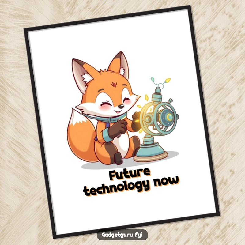 Funny digital art of an excited fox character intently building a glowing, intricate contraption, symbolizing creativity and innovation.