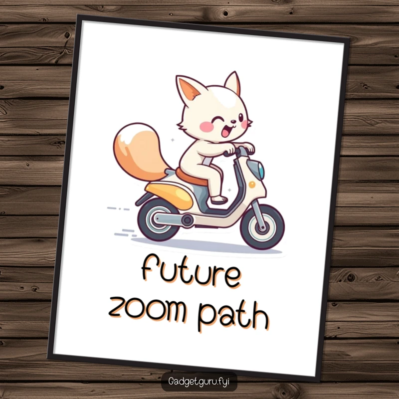 Funny digital art print of an energetic animal character zooming on a miniature futuristic scooter, for instant dynamic and humorous decor.