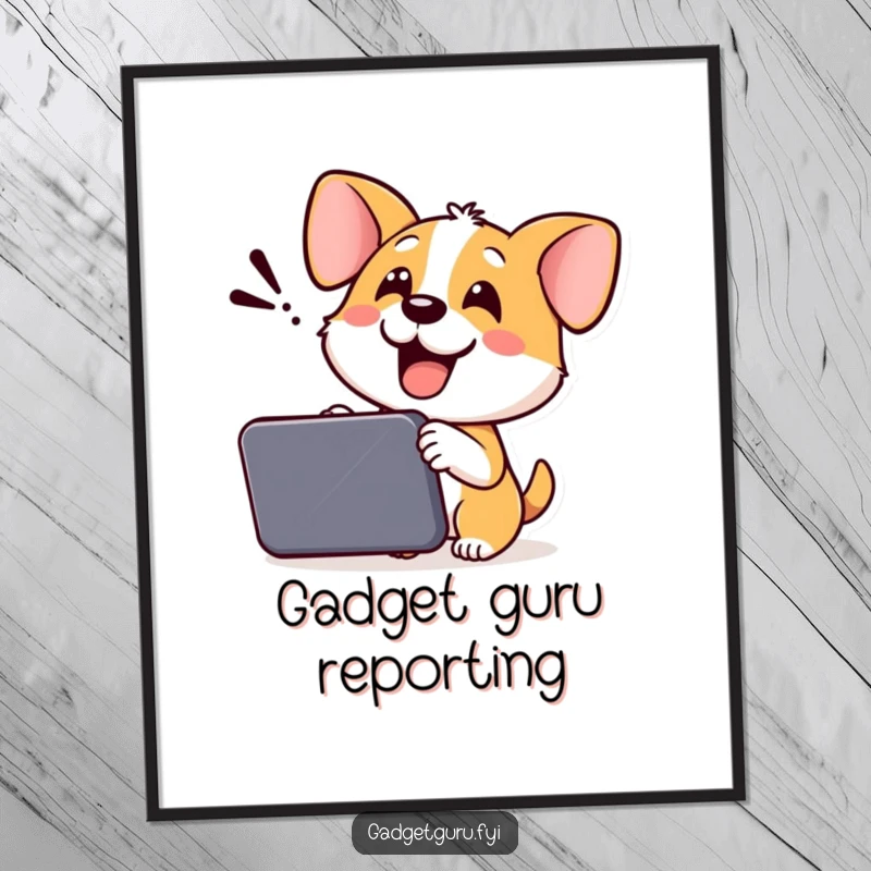 Funny Dog Digital Art Print: A cheerful dog enthusiastically demonstrates a new gadget, perfect for instant vibrant wall decor.