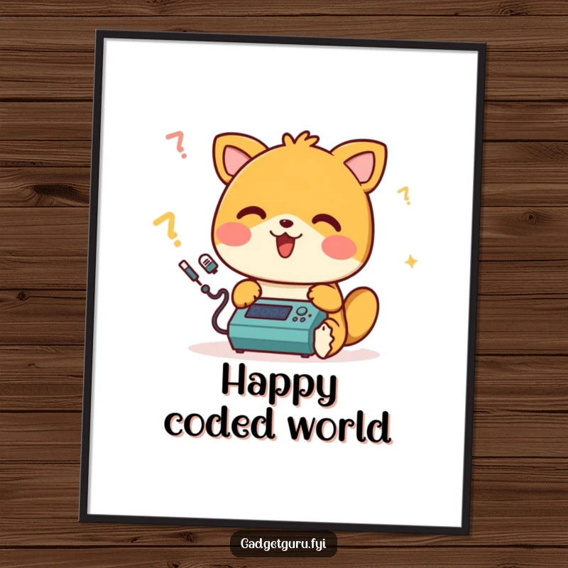 Funny digital art print of a happy animal character beeping merrily while programming a small device, for instant cheerful tech decor.