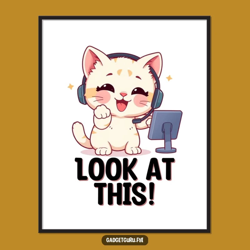 Funny Gamer Kitten Headset Digital Art - Printable Enthusiastic Pointing Kitten Decor Funny Gift