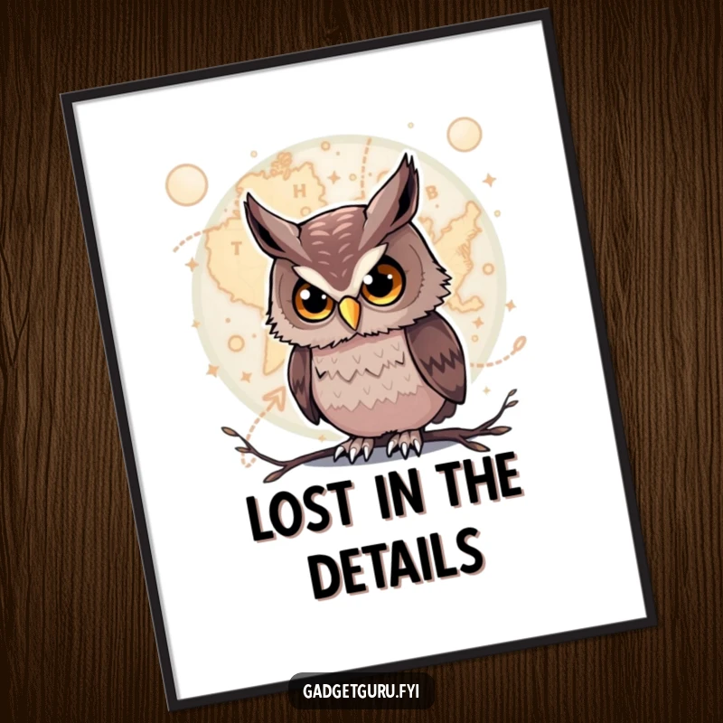 Funny Owl Digital Art Print: A curious owl intently studies a complex, glowing map, offering instant artistic intrigue.