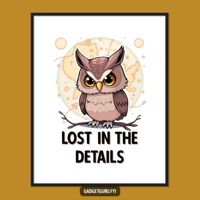 Funny Owl Digital Art: Curious Owl with Glowing Map for Instant Decor
