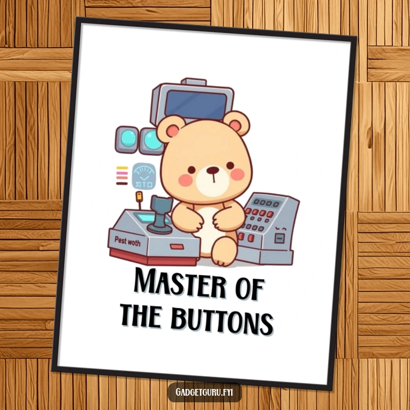 Funny digital art print of a small, focused bear character operating a complex, blinking control panel, ideal for screens.