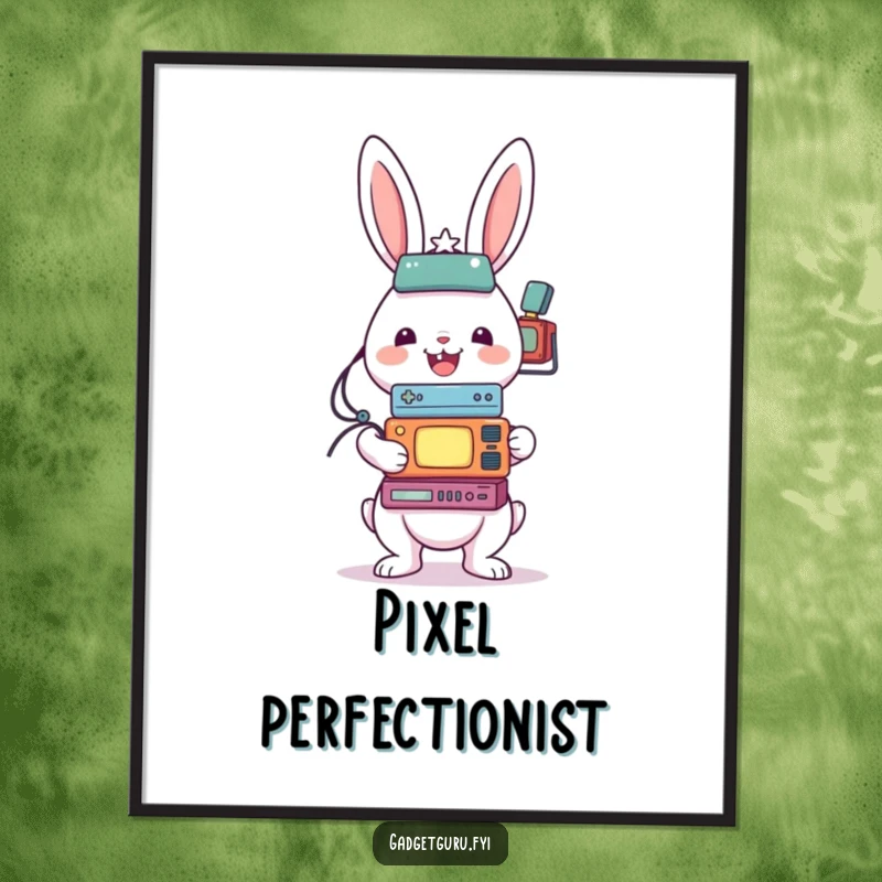 Funny digital art print of a cheerful rabbit character balancing a large, comical stack of various small electronic gadgets.