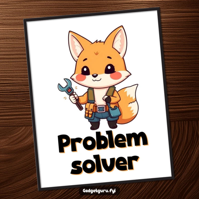 Funny digital art print of a small fox character wearing a tool belt and holding a miniature wrench.